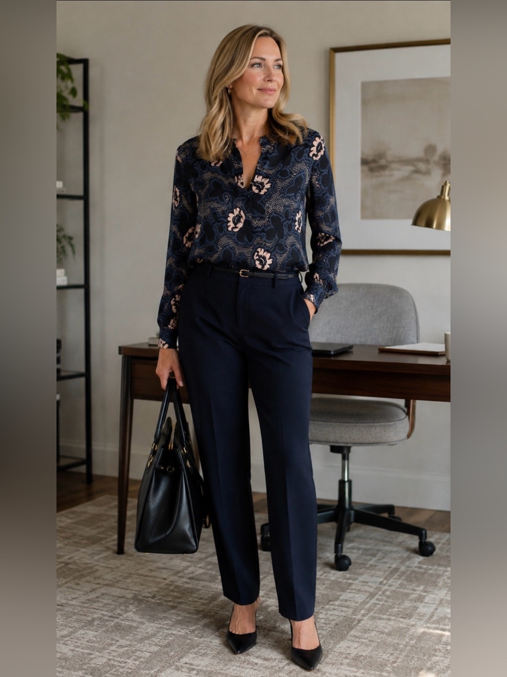 Ted Baker Navy Blush Floral V-Neck Blouse